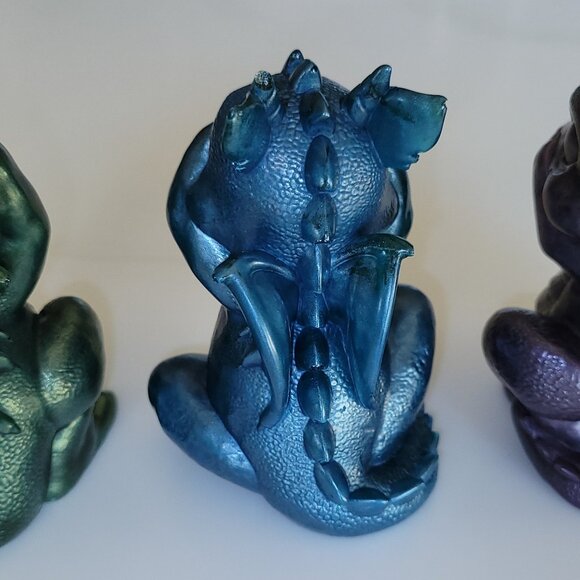 DRAGON TRIO Resin Figurines green blue purple NEW Hear See Speak No Evil Decor - Picture 5 of 6
